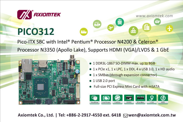 Axiomtek’s PICO312 – Pico-ITX SBC with Intel® latest Apollo Lake SoC