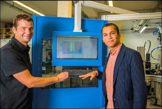 Karl Persson, Production Engineer at Zinkteknik (right), together with Oliver Mannhardt, Image Processing Specialist at Kistler, visiting Kistler Vision Technology in Straubenhardt and in front of the user interface of a KVC-821 automatic test system